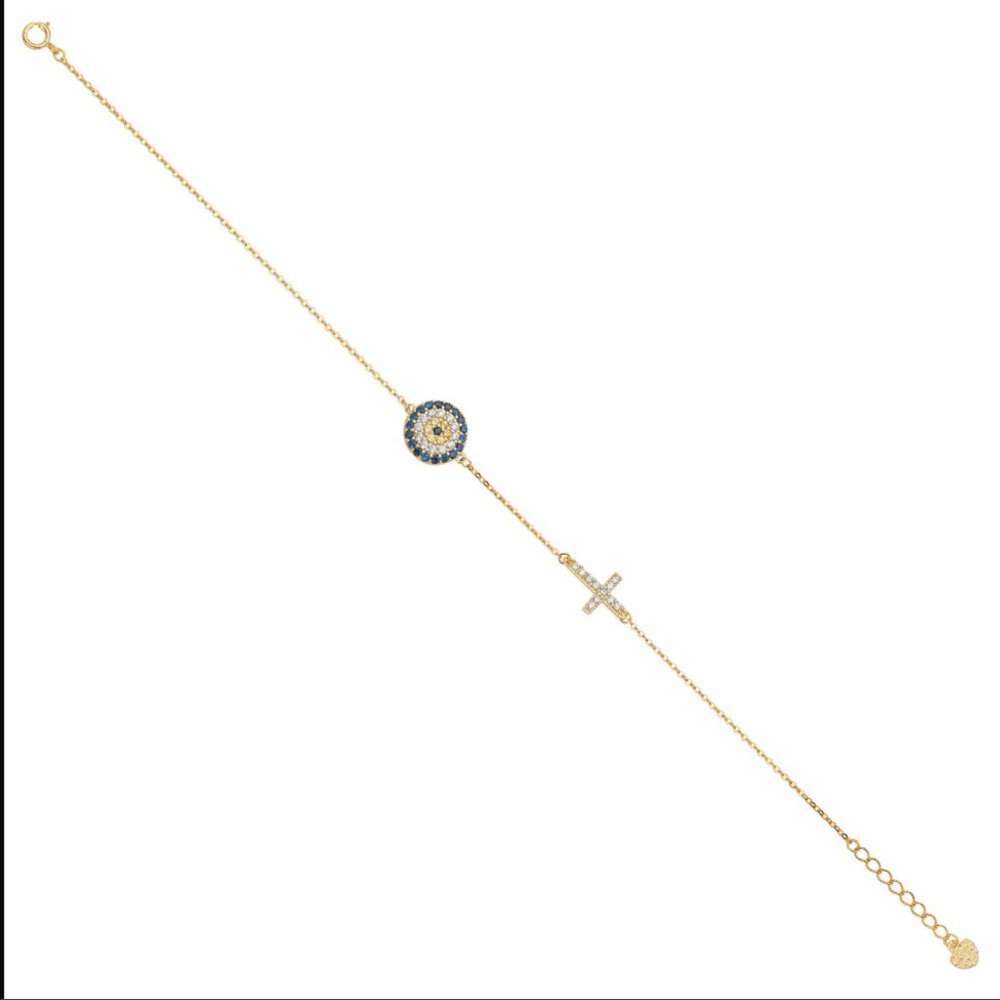 14KT Gold CZ Blue Evil Eye and Cross Bracelet